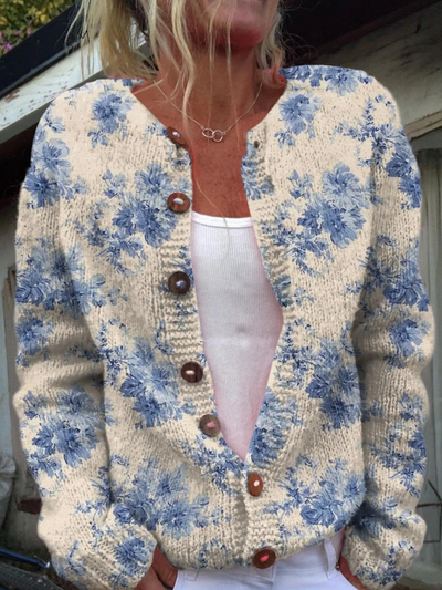 Women's Lovely Floral Art Print Buttoned Cardigan Sweater